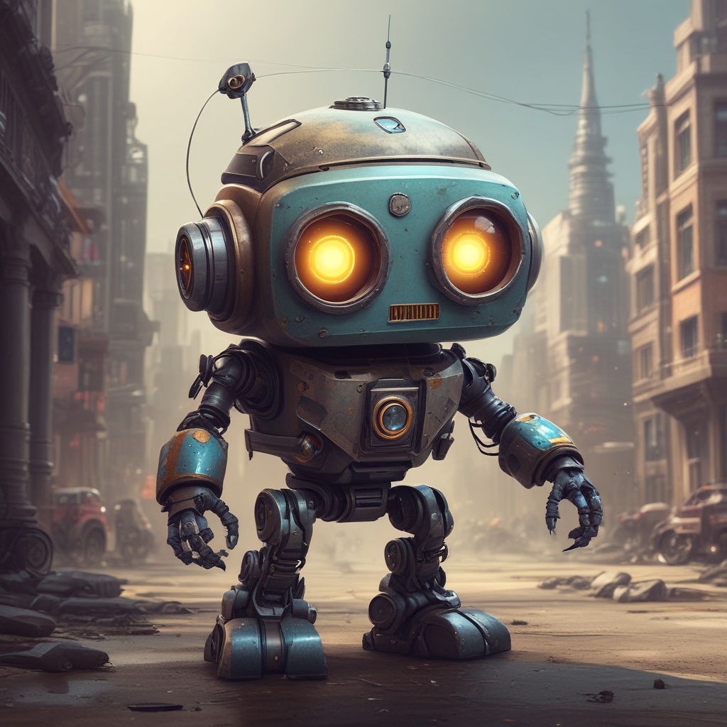 Concept art for an adorable robot character in a dystopian world
